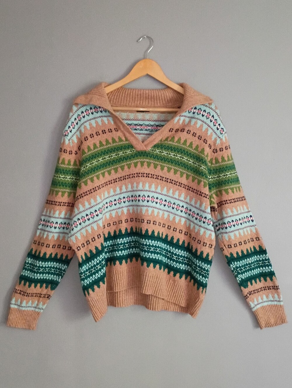 TALBOTS Johnny Collar Fair Isle Autumn Sweater Brown Aqua Green XL